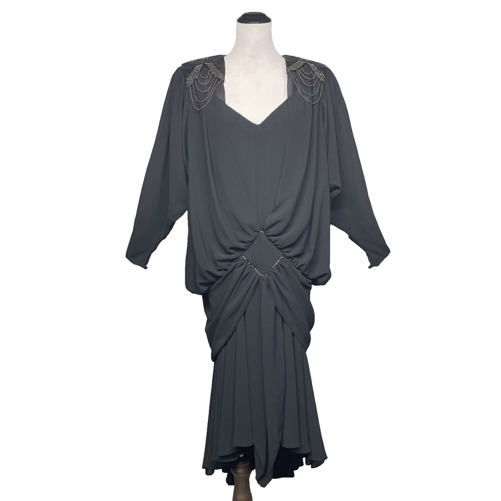 VTG Casadei Sz 12 Black Beaded Art Deco High Low Evening Dress Draped Drop-Waist